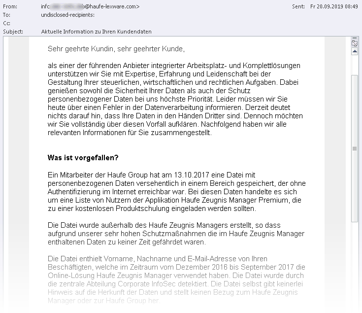 Kundeninformation Datenleck Haufe Zeugnis Manager